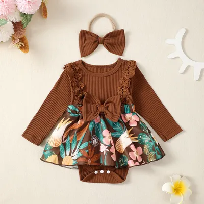 Infant Newborn Baby Girls Fall Romper Dress Lace Trim Long Sleeve Bow Crew Neck Floral Print