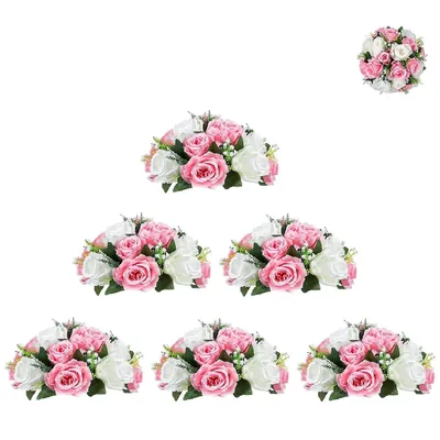 6 Pcs Fake Flower Ball Arrangement Bouquet,15 Heads Plastic Roses with Base, Suitable for Wedding