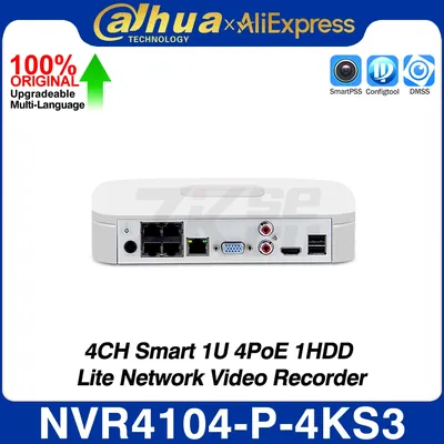 Dahua NVR4104-P-4KS3 4CH Smart 1U 4PoE 1HDD Lite Network Video Recorder Smart H.265+ AI By NVR SMD