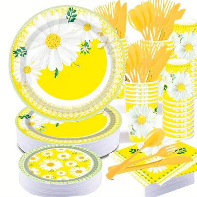 152 pcs Yellow Daisy Flower Plate - Spring Dessert Paper Plates, Boho Wildflower Daisy Floral Paper