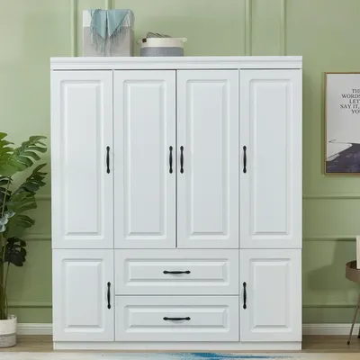 4 Door Armoire Wardrobe Closet, Wood 2 Drawers Armoire Storage Cabinet for Large Capacity, White