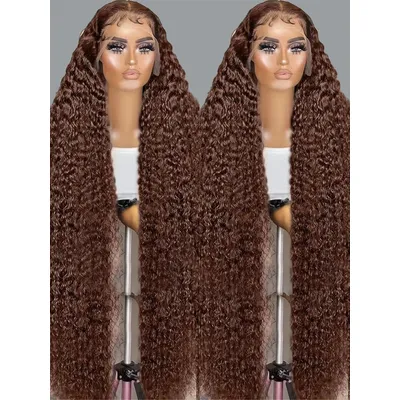 200% Chocolate Brown Deep Wave Human Hair Wig 30 34Inch Transparent Lace Frontal Wigs For Women 13x6 Lace Front Water Curly Wigs