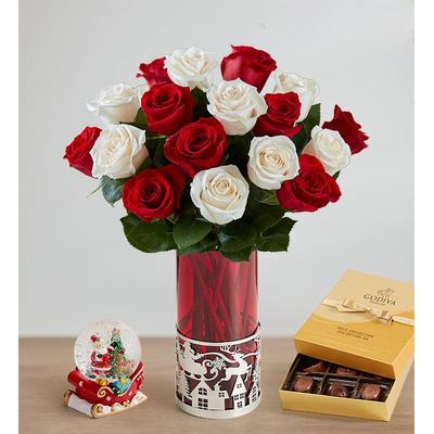 1-800-Flowers Flower Delivery Christmas Rose Bouquet W/ Santa Vase, Snow Globe & Godiva Chocolate