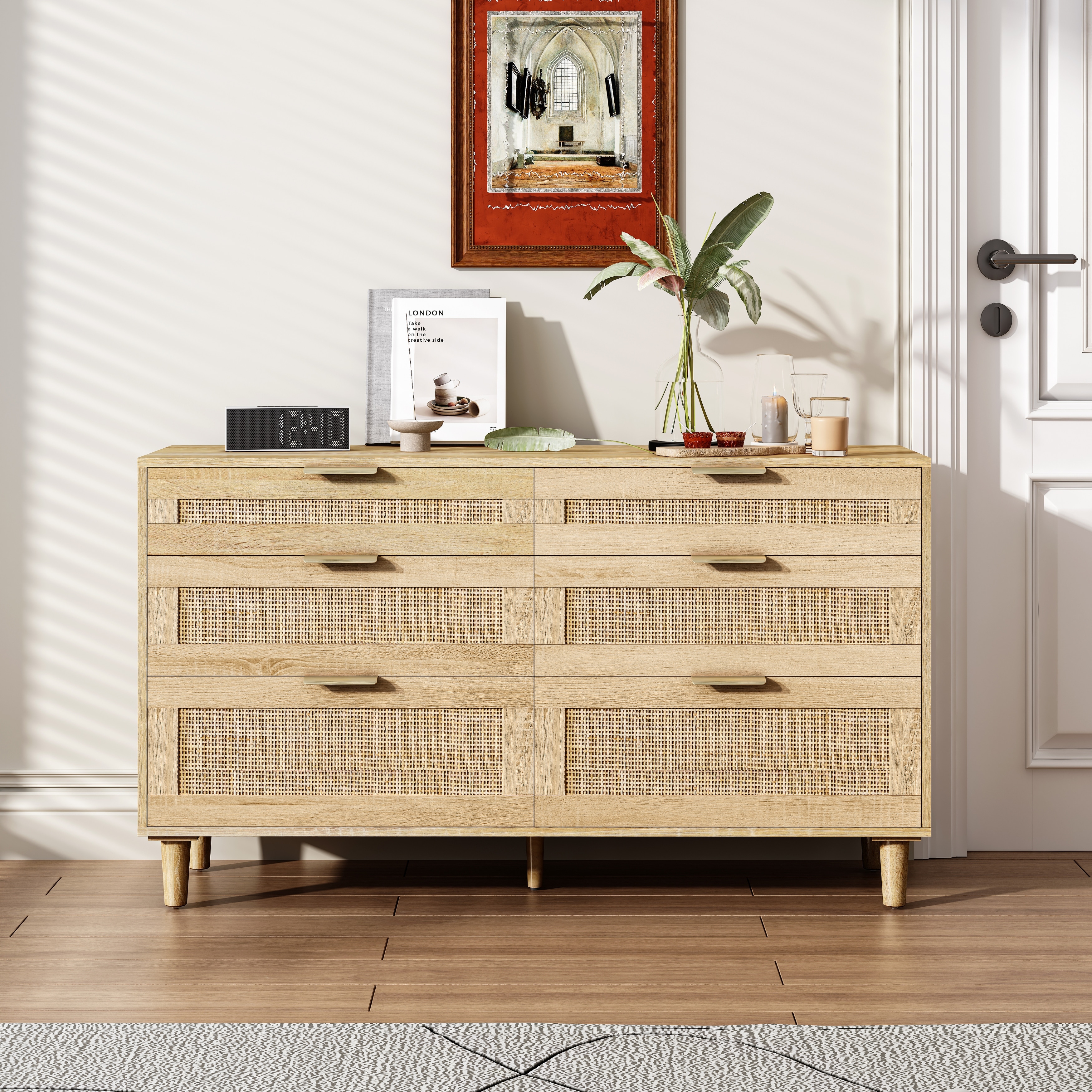51" Rattan Dresser with Drawers, 6 Drawer Dresser for Bedroom, Clothes Storage Cabinet for Bedroom