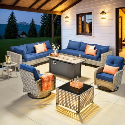 OVIOS 11 Pieces Outdoor Wicker Swivel Chair Set With Fire Table