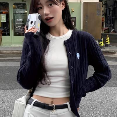TEMU Women's High Elasticity Cropped Cardigan Sweater - Blue Heart Embroidery Open Front Slim Fit Long Sleeve Top For Layering, , Cardigan, Layering Piece, Highelasticity Fabric Image