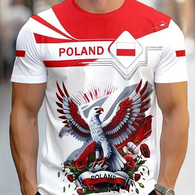 TEMU Poland Eagle Graphic Printed T-shirt For Men - Casual Crew Neck Polyester Tee With Stretch, Regular Fabric Image