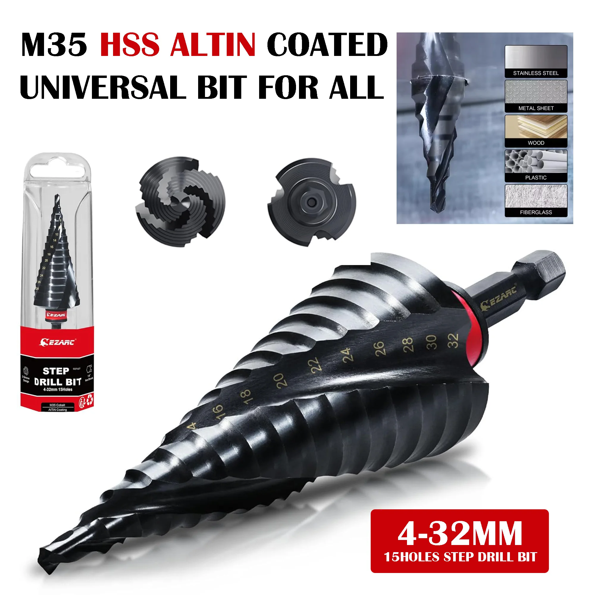 EZARC Punta da trapano a gradino da 4-32 mm per metallo, punta da trapano a gradino Unibit con flauto a spirale M35 1 pezzo, punta universale rivestita in AlTiN resistente all'usura