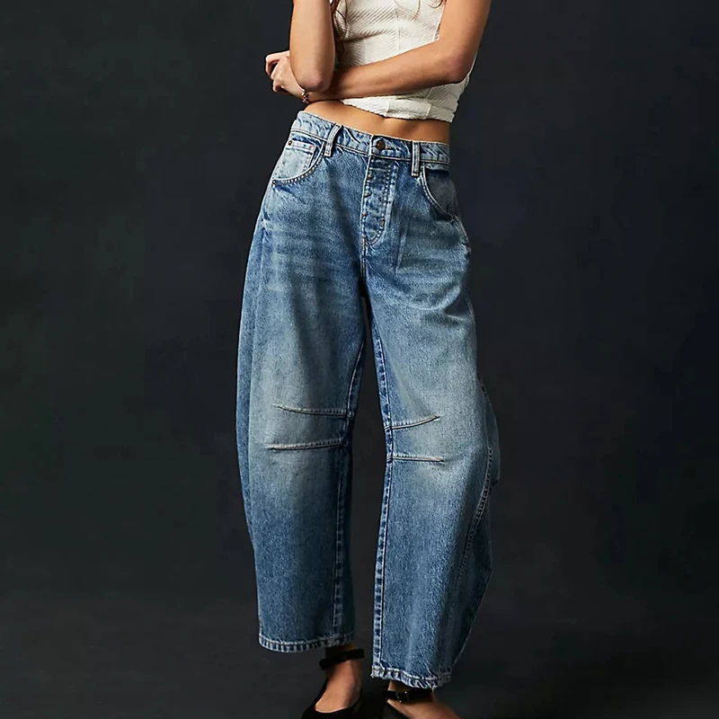 Jeans a gamba larga Donna Casual Allentati Y2K Pantaloni in denim a vita bassa Jeans larghi a botte corta con tasche Jeans in denim