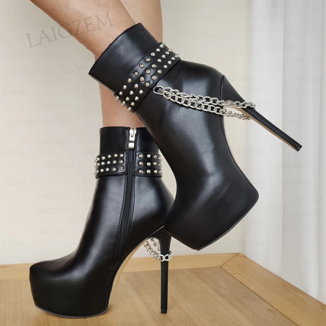 Laigzem Frauen Stiefeletten Plattform Kunstleder Seite Reiß verschluss dünne High Heels kurze Stiefeletten Damenschuhe Frau große Größe 41 46 52