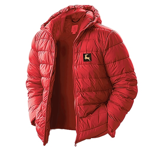 Herren Grafik Rentier Weihnachten Daunenjacke Wasserdicht Leicht Lässig Outdoor Täglich Ferien Druck Herbst Winter Mit Kapuze Langarm Rote Königliches Blau Armeegrün Image