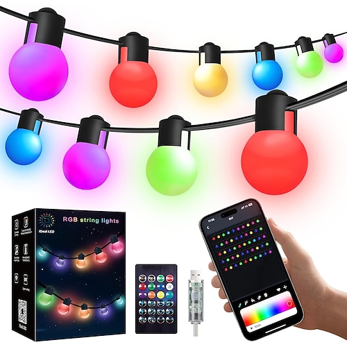 Dimmbare RGB Außenlichterkette 16ft 10m 25 LEDs 32ft 5m 50 LEDs Farbwechselnde Lichterkette mit App Fernbedienung perfekt für Partys Heimdekorationen Image