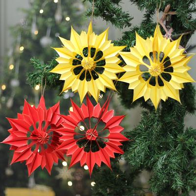 Summer Carnival,'Handcrafted Set of 4 Floral Yellow and Red Paper Ornaments'