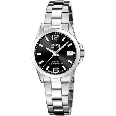 Quarzuhr FESTINA, silber (silberfarben, schwarz), Armbanduhren, Damen, Armbanduhr, Damenuhr, Swiss Made, Edelstahlarmband, analog, Tag Image