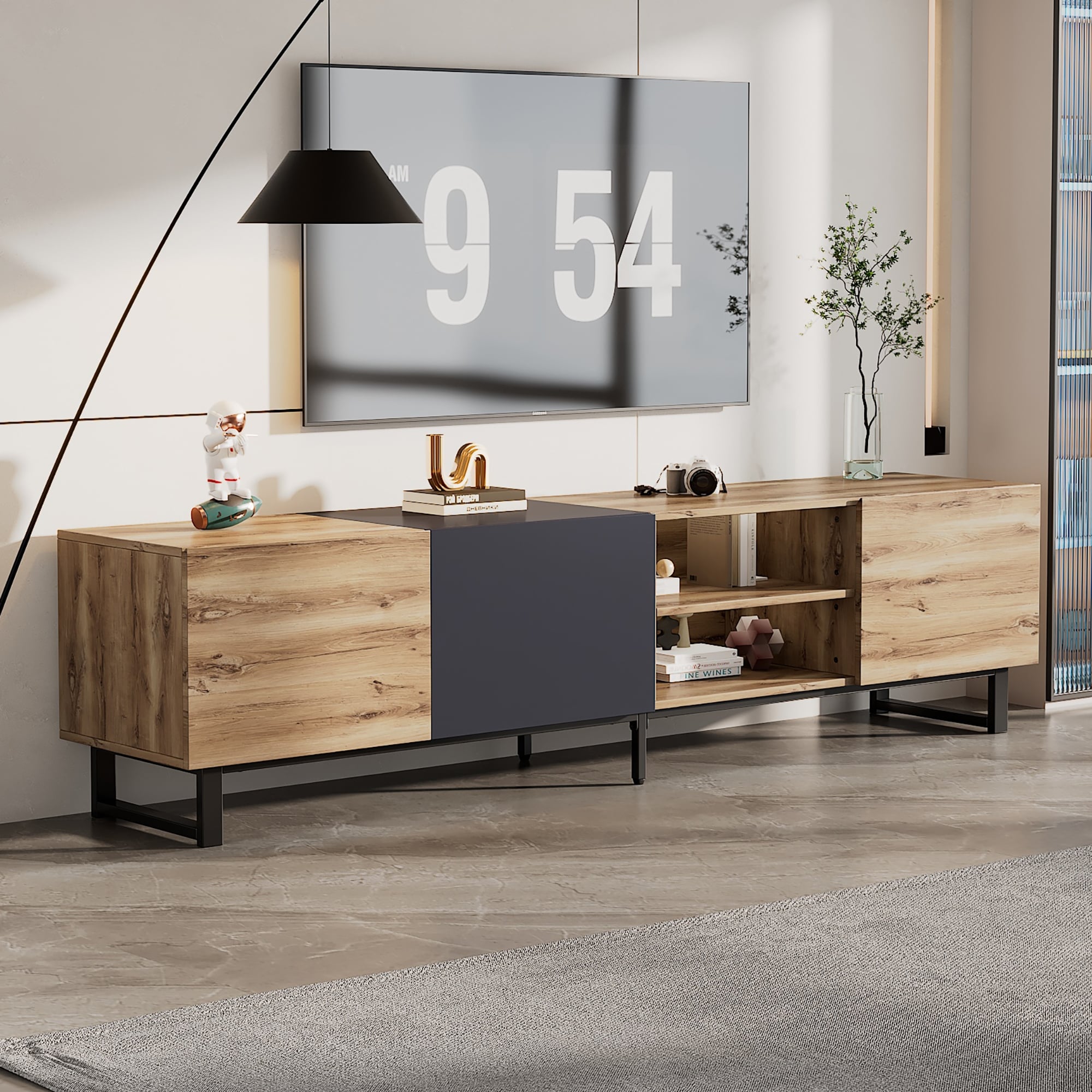 Modern TV with 3 cabinets and open shelving for 80” TV, entertainment center with drop down doors for living room