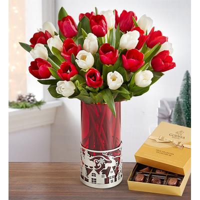 1-800-Flowers Flower Delivery Holiday Tulips 30 Stems W/ Santa Vase & Godiva Chocolate