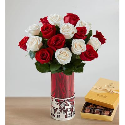 1-800-Flowers Flower Delivery Peppermint Rose Bouquet 18 Stems W/ Santa Vase & Godiva Chocolate