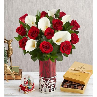 1-800-Flowers Flower Delivery Holiday Red Rose & Calla Lily Bouquet W/ Santa Vase, Snow Globe & Godiva Chocolate