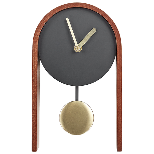 Tischuhr Schwarz u. Dunkler Holzfarbton MDF-Platte 25 cm Hoch mit Pendel ohne Ziffern Sekundenzeiger Halbrund Retro-Design Schreibtischuhr Uhr