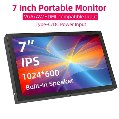 7 Zoll tragbarer Monitor 1024 x 600 IPS LCD HDMI-kompatibel VGA AV-Eingang DC Typ C Power Bildschirm für PC Laptop Kamera TV Box DVD