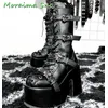Plattform Blet Schnalle Mitte Wade Stiefel Schnürung Seite Reiß verschluss Block High Heel runde Zehen Frauen Schuhe Winter Mode Punk-Stil schwarz