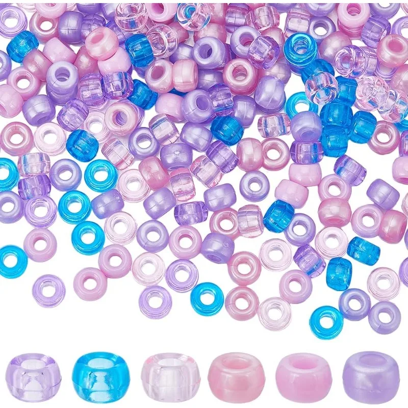 600 Stück Pony-Perlen, 6 x 9 mm, Kunststoff-Pony-Perlen, blickdichte Perlen-Pony-Perlen, transparent, blau, lila, rosa, Pony-Bastelperlen, Kandi-Perlen