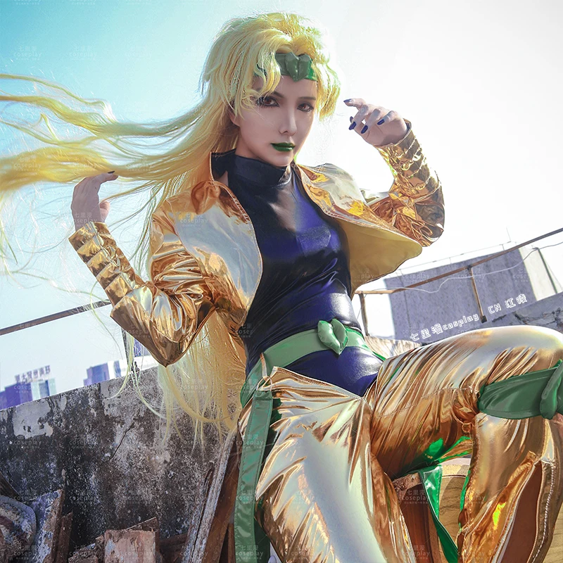Gelb Gold Kostüm Anime JO JO Bizarre Abenteuer Dio Brando Cosplay Kostüm Weibliche Version Brando Dio Haar Cosplay Perücken Schuhe