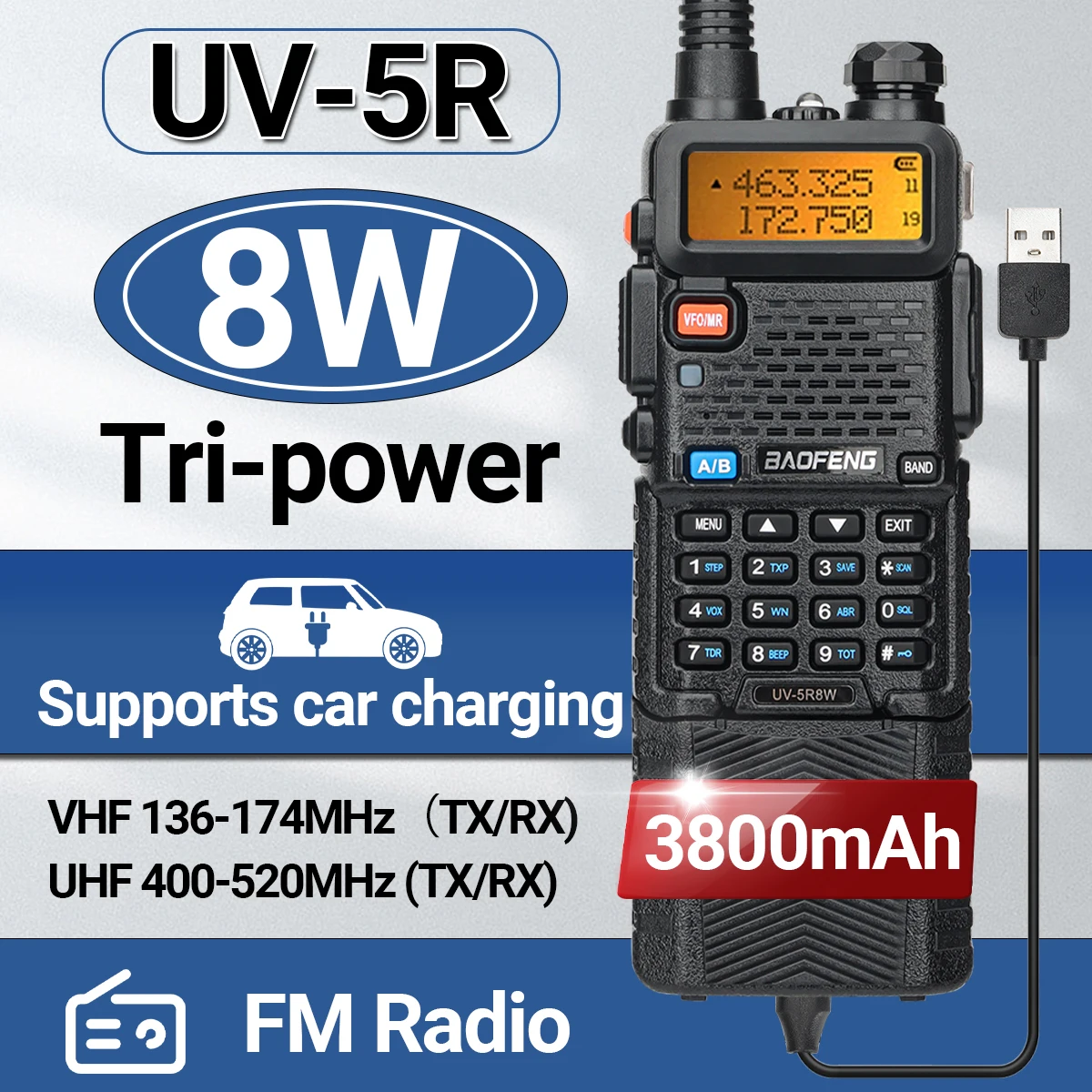 Baofeng UV-5R 8W Langstrecken-Walkie-Talkie 3800mAh Typ-C Amateurkommunikation Zwei-Wege-Radio für Erwachsene Camping Image
