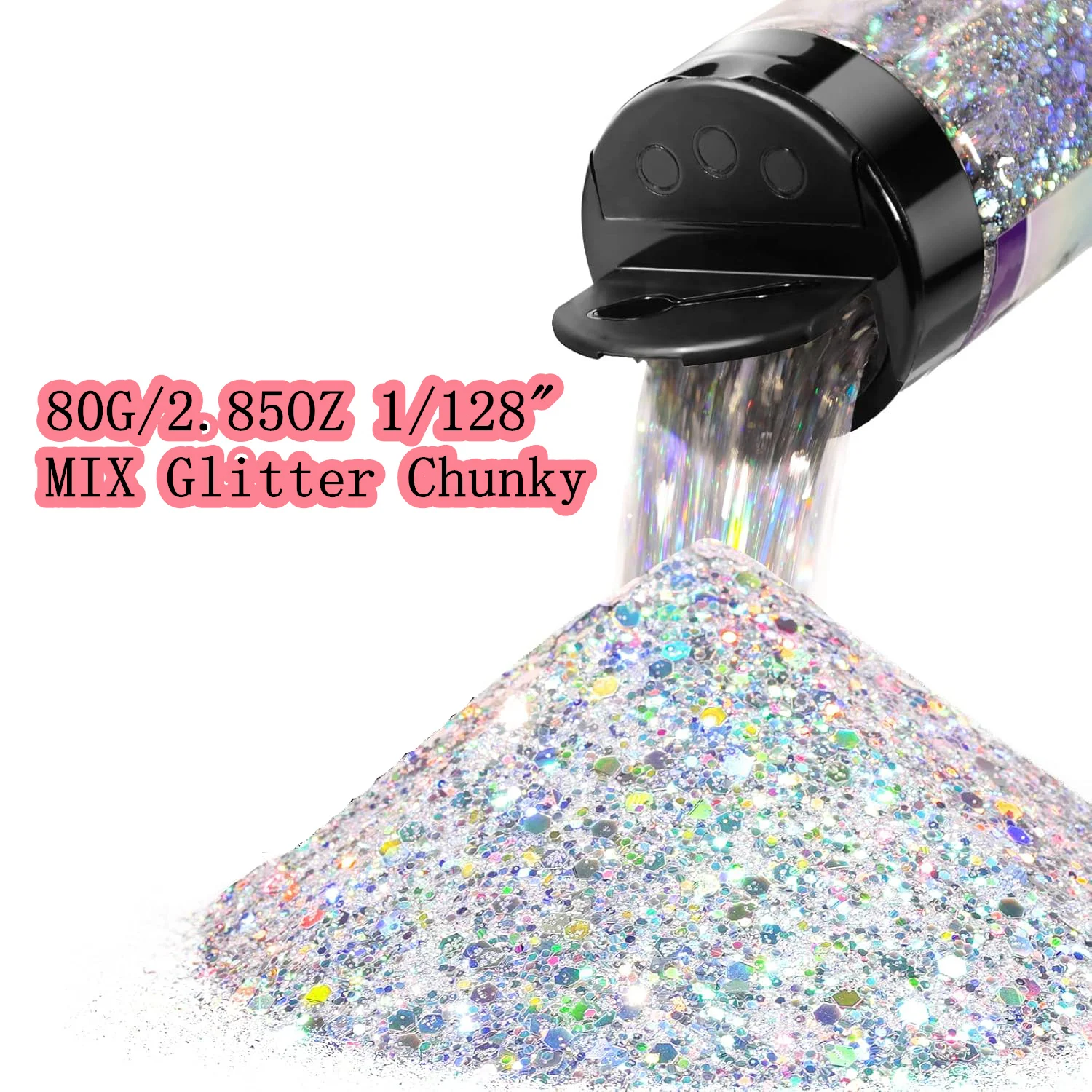 Silberner Nagelglitzer, klobig, 80 g/2,85 oz, 1/128 Zoll, Bastelglitzer für Harz, Festival, Kosmetik, Chunck, Glitzerflocken, Pailletten Image