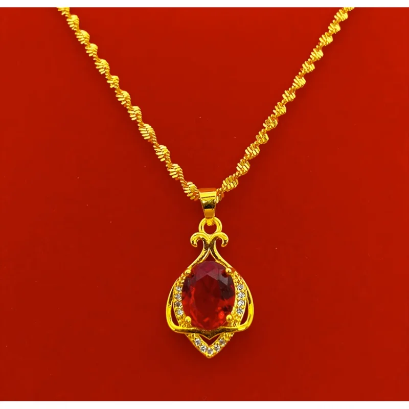 UMQ Authentische Vietnam Sand 18K Gold Halskette frauen 24K Gold Farbe Blume Rubin Anhänger Gold 999 Schlüsselbein gold Überzogene Schmuck Image