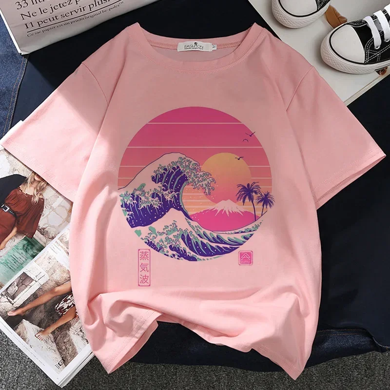 Berg Wellen Sonnenuntergang Grafik Druck T-shirt Frauen Harajuku Ästhetischen Japan Stil T-shirt Vintage-Mode Rosa Tops Weibliche T Shirt