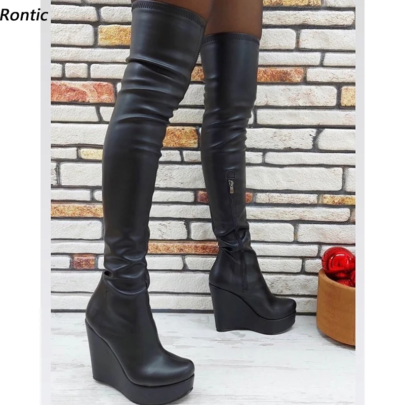 Rontic Frauen Winter Über Die Knie Stretch Stiefel Plattform Keile Heels Runde Kappe Elegante Schwarz Nacht Club Schuhe UNS Größe 5-20