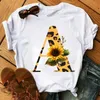 A b c d Kombination Schriftart Frauen T-Shirt Leopard Sonnenblumen druck lässig Tops benutzer definierte Name Buchstabe weibliche schwarze T-Shirt