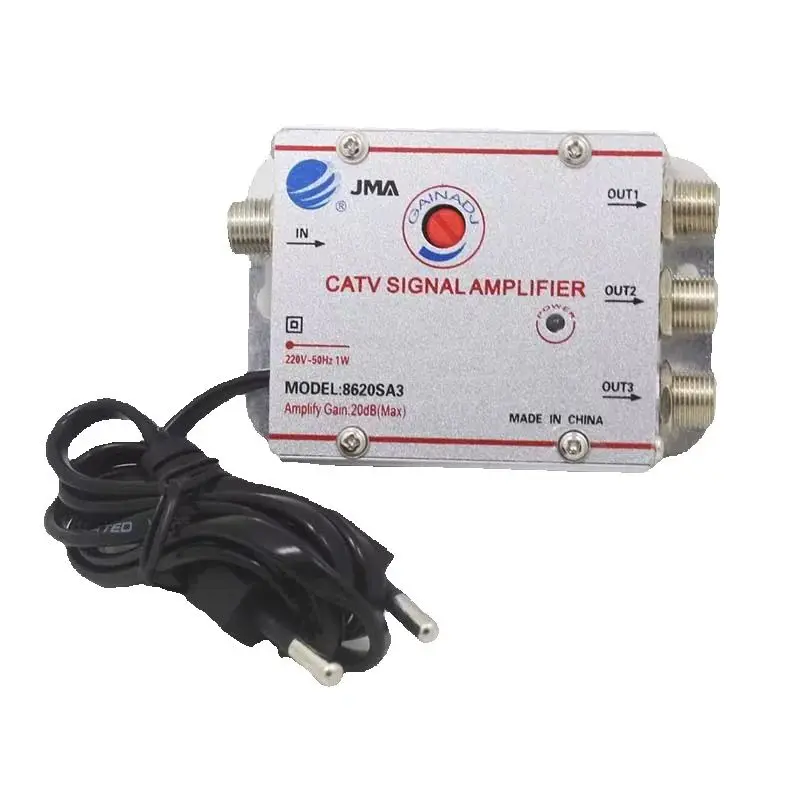 3-Wege-Kabel-TV-Splitter-Verstärker 8620SA3 20 dB digitale TV-Antenne Signalverstärker Heim-TV-Geräte 45 MHz bis 860 MHz EU-Stecker 220 V