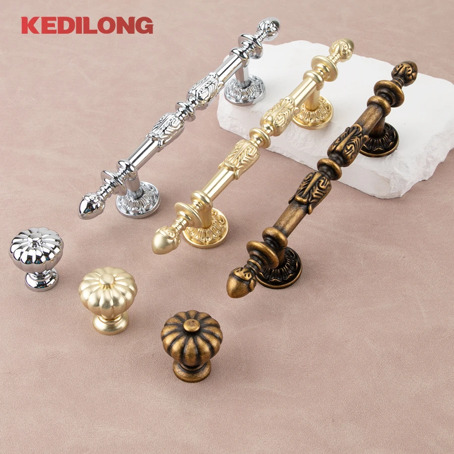 KEDLO Europäische Retro-Leuchte, Luxus-Schublade, goldfarben, langer Küchenschrank im Zugstil, silberner Zugknopf, Schublade, antiker Griff