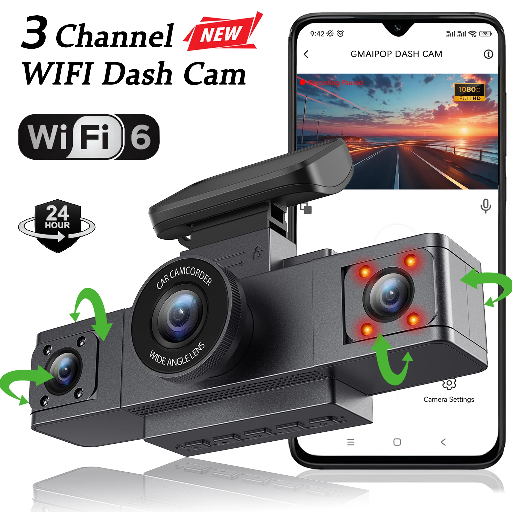 Dash Cam für Autos 3 Kanal WIFI Auto DVR Kamera 1080P für Auto Vorne und innen Black Box 24H Parkplatz Monitor auto zubehör Image