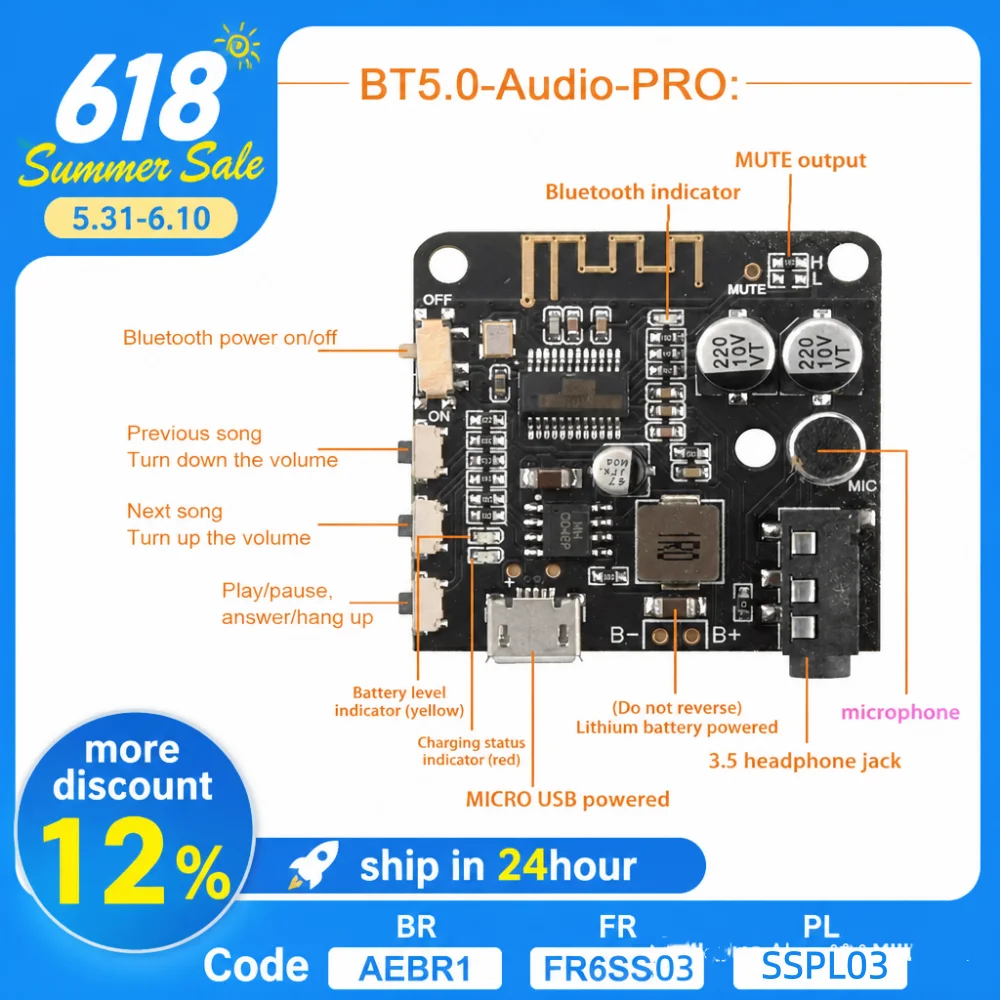 3,7-5V DIY Bluetooth 5.0 Audioempfängermodul MP3 Bluetooth-Dekodierungsplatine mit Mikrofon und Schalter BT 5.0 Image