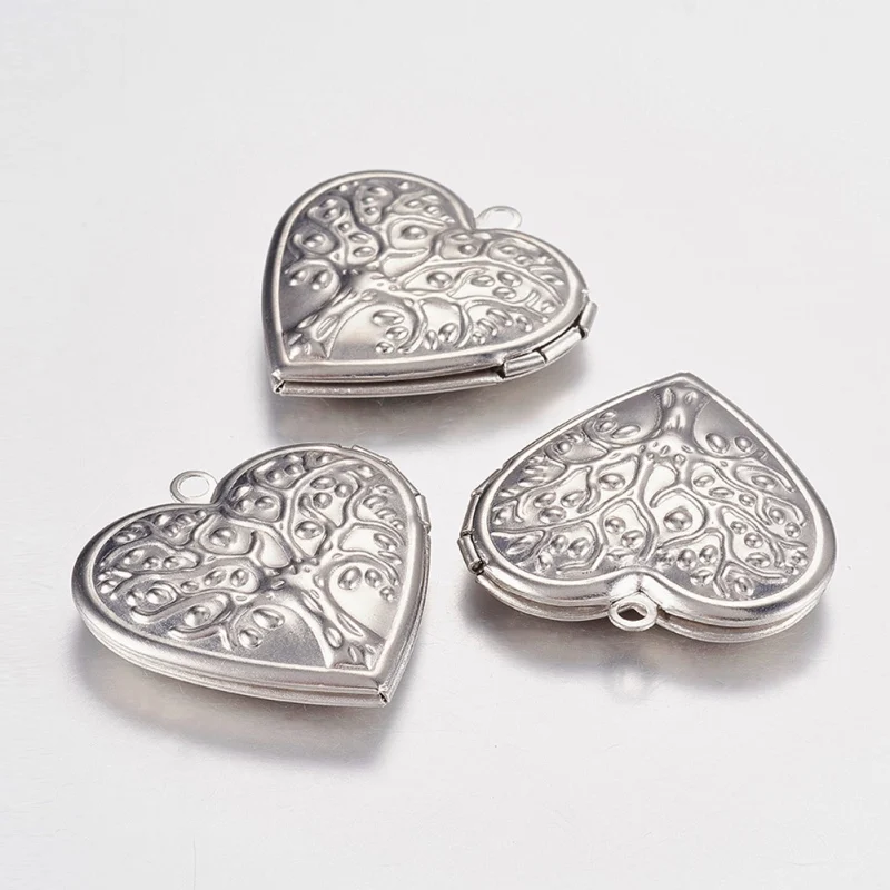 2 Stück Medaillon-Anhänger aus 316 Edelstahl, Fotorahmen-Anhänger für Halsketten, Herz mit Baum des Lebens, Edelstahl, Farbe 29 x 29 x 7 mm Image
