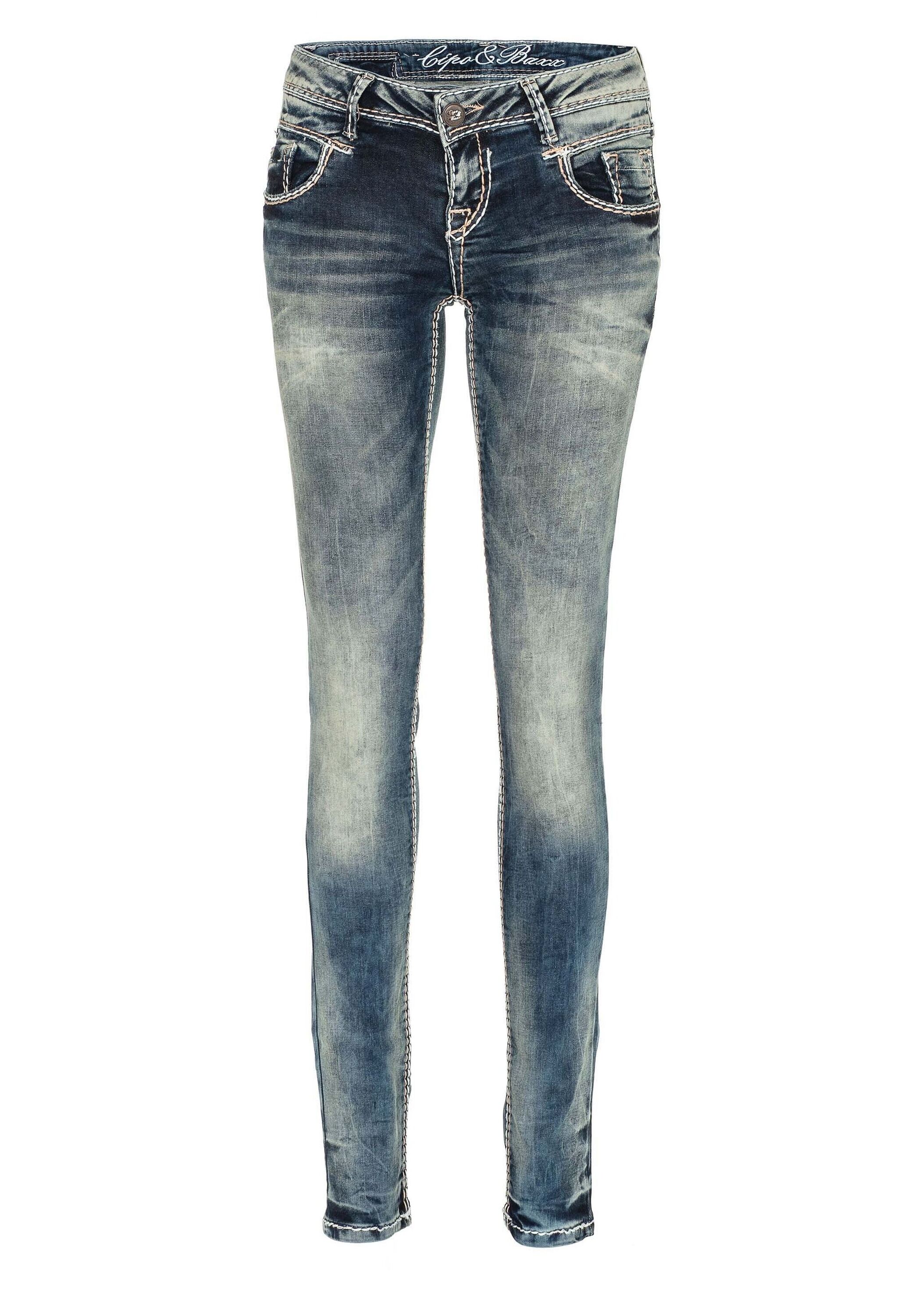 5-Pocket-Jeans CIPO & BAXX "Jeans", Damen, Gr. 32, Länge 34, blau (jeansblau), 98% Baumwolle;2% Elasthan, unifarben, Basic, slim fit lang, Jeans, mit niedriger Taille in Straight Fit, WD153 Image