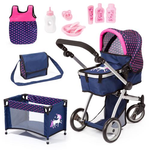 Puppenwagen BAYER ""Mega, blau"" bunt (blau/pink) Kinder mit Reisebett, Schlafsack, Puppentrage, Wickeltasche und Zubehör