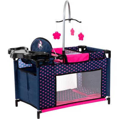 Puppenbett BAYER "Puppenmultibett, blau", bunt (blau, pink), Puppenmöbel, KinderB:32cm H:72cm T:68cm, Kunststoff, Stoff, Metall, Mit integriertem Hochstuhl, Wickelablage und Mobile, B:32cm H:72cm T:68cm
