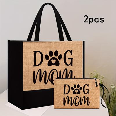 TEMU Dog Mom Printed Bag Set Cosmetic - Shoulder For Women, No-closure, Lined , Bag Included (2 Pcs Set)