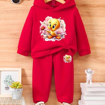 TEMU Baby Girls Cartoon Duck And Flowers Print Fleece Long Sleeves Hoodies & Long Pants Two-piece Set, Slightly Stretch Comfortable Clothing For Winter And Autumn