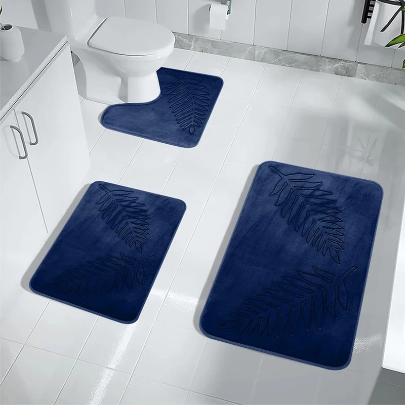 3-teiliges Badezimmermatten-Set aus Memory-Schaum, ultraweich und saugfähig, Blattteppiche, dick, waschbar, für Badezimmer, WC-Badewannenmatten-Set Image