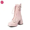 Gothic-Stiefel für Damen, Plateau-Stiefelette, klobiger Absatz, Nieten, doppelte herzförmige Schnalle, Motorrad-Kampfstiefel, Lolita-Rave-Schuhe