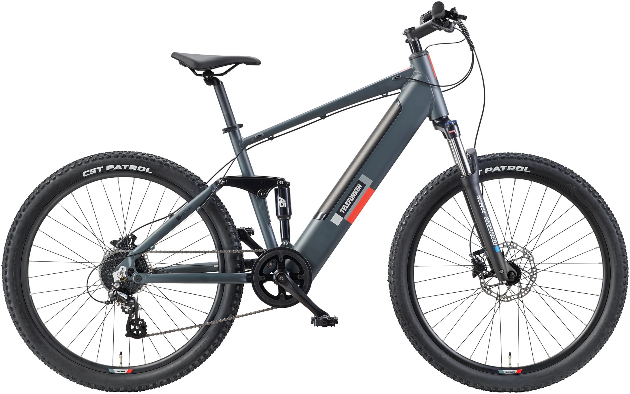 E-Bike TELEFUNKEN "Aufsteiger M936" Gr. 46, grau (granitgrau, schwarz), Elektrofahrräder, 46cm, 27,5 Zoll (69,85cm), Pedelec, Elektrofahrrad, Damen, Herren, MTB, Fully Image