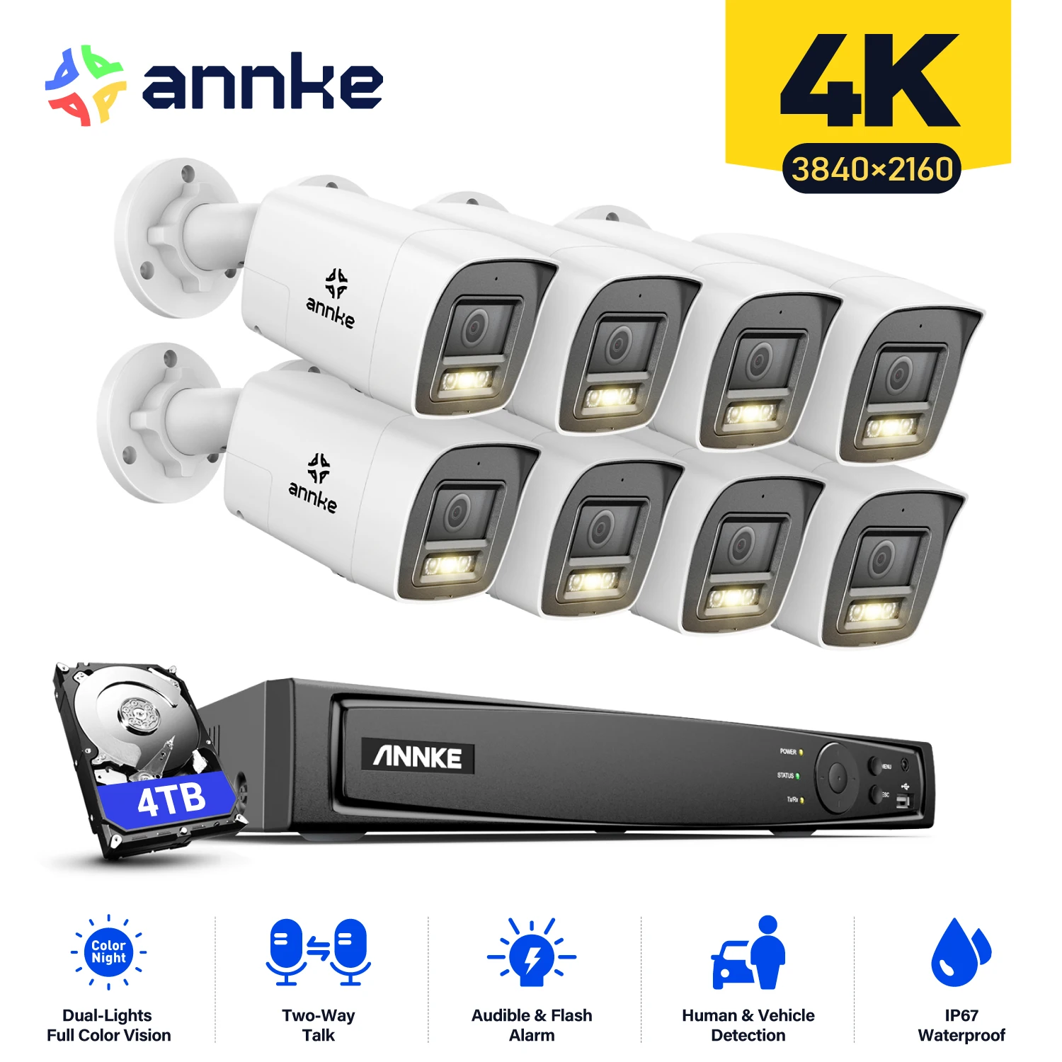 ANNKE 8CH 4K Ultra HD POE Netzwerk-Videosicherheitssystem 8MP H.265+ IP-Kamera unterstützt Zwei-Wege-Audio-Menschen- und Fahrzeugerkennung 4MM Image