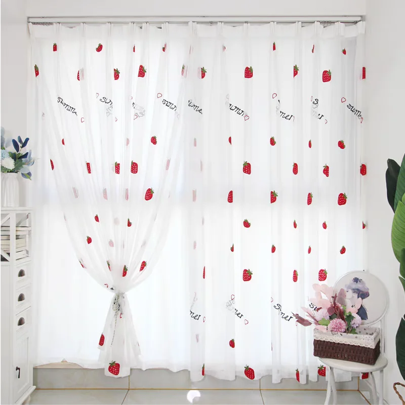 Koreanischer Erdbeer-gestickter Garnvorhang, weißes Fenster, durchsichtige Voile-Vorhänge für Kinder, Schlafzimmer, Wohnzimmer, Balkon, Heimdekoration Image