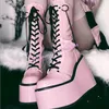 Lange Plateaustiefel mit Metallkette, runde Zehen, Keilabsatz, überkreuzter seitlicher Reißverschluss, mittelhohe Schuhe, rosa, schwarz, Nähen, Hotties, Gothic-Stiefel