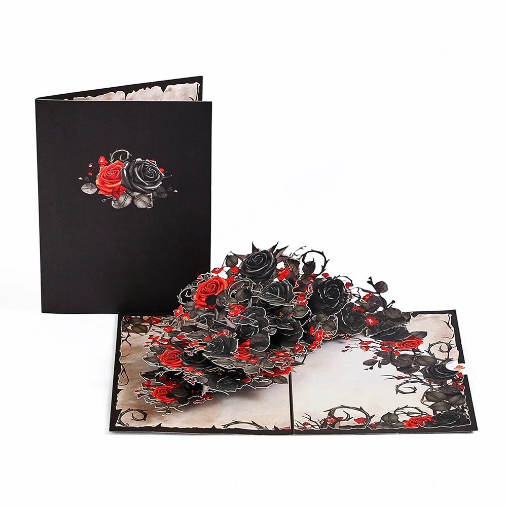 Schwarze Rose, wunderschöne Blumenkarte mit Umschlag, rote Rosenblüten-Grußkarte, Gothic-Stil, Halloween-Karte, Freundschaftsgeschenke Image